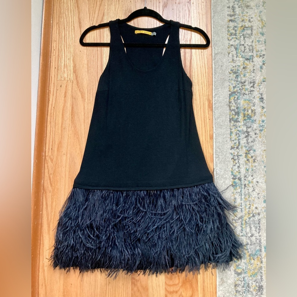 Alice & Olivia Francesca Feather Trim Black Dress
